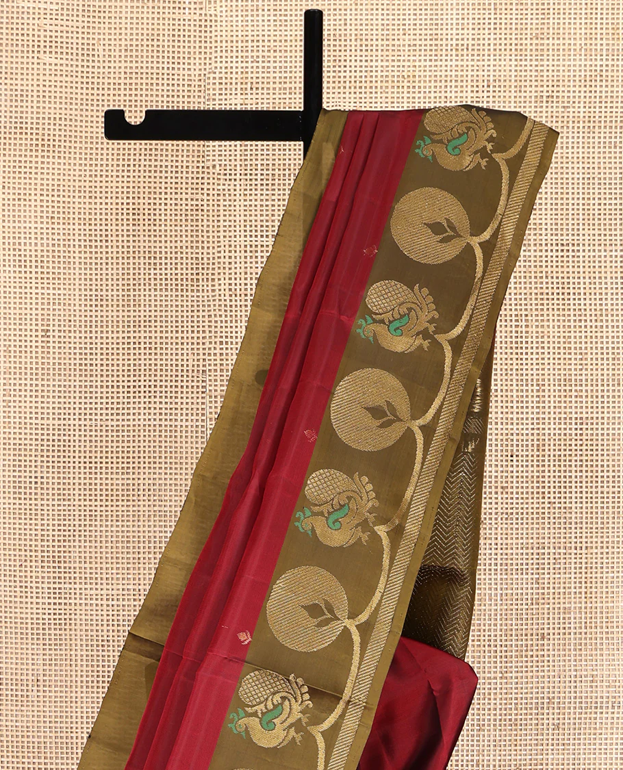Red Mayuri Lite Silk Mix Saree, Accentuated with Zari Buttas All Over Its Body, Complemented by Contrast Border of Peacock Designs, Contrast Pallu of Vanki Designs, and Paired with a Contrast Blouse - Image 3