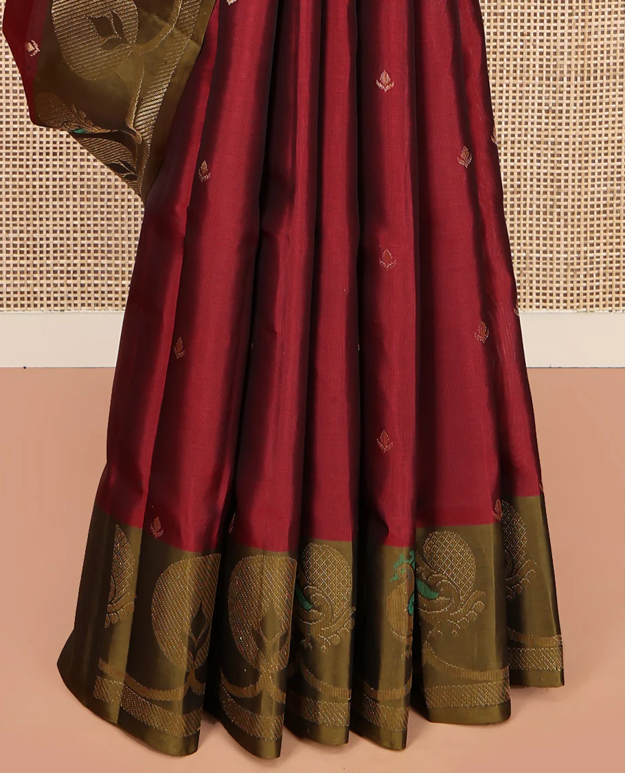 Red Mayuri Lite Silk Mix Saree, Accentuated with Zari Buttas All Over Its Body, Complemented by Contrast Border of Peacock Designs, Contrast Pallu of Vanki Designs, and Paired with a Contrast Blouse - Image 4