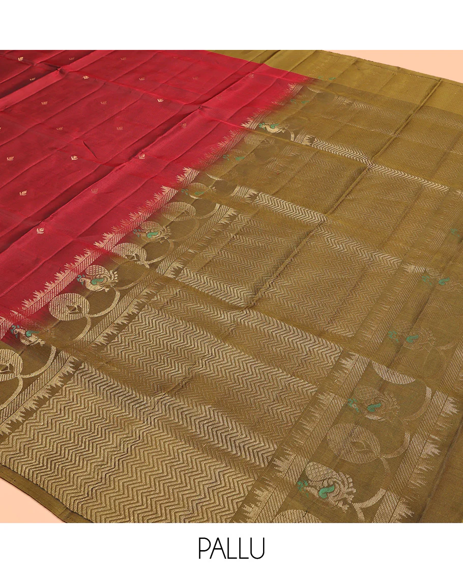 Red Mayuri Lite Silk Mix Saree, Accentuated with Zari Buttas All Over Its Body, Complemented by Contrast Border of Peacock Designs, Contrast Pallu of Vanki Designs, and Paired with a Contrast Blouse - Image 5