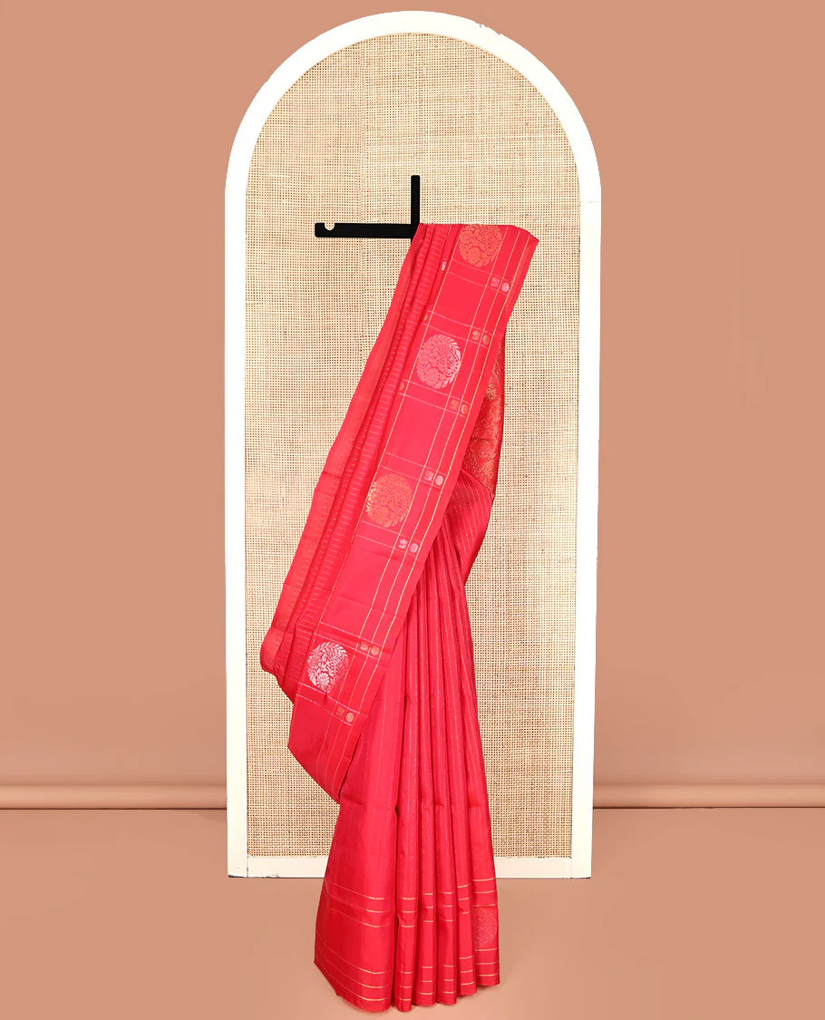 Red Mayuri Lite Silk Mix Saree, Finely Crafted with Muthu Stripes All Over Its Body, Highlighted by a Zari Butta Enclosed Checked Border, Pallu of Intricate Designs, and Paired with a Matching Blouse