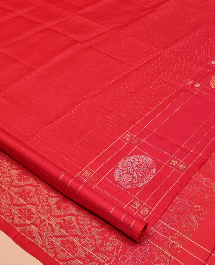 Red Mayuri Lite Silk Mix Saree, Finely Crafted with Muthu Stripes All Over Its Body, Highlighted by a Zari Butta Enclosed Checked Border, Pallu of Intricate Designs, and Paired with a Matching Blouse - Image 2