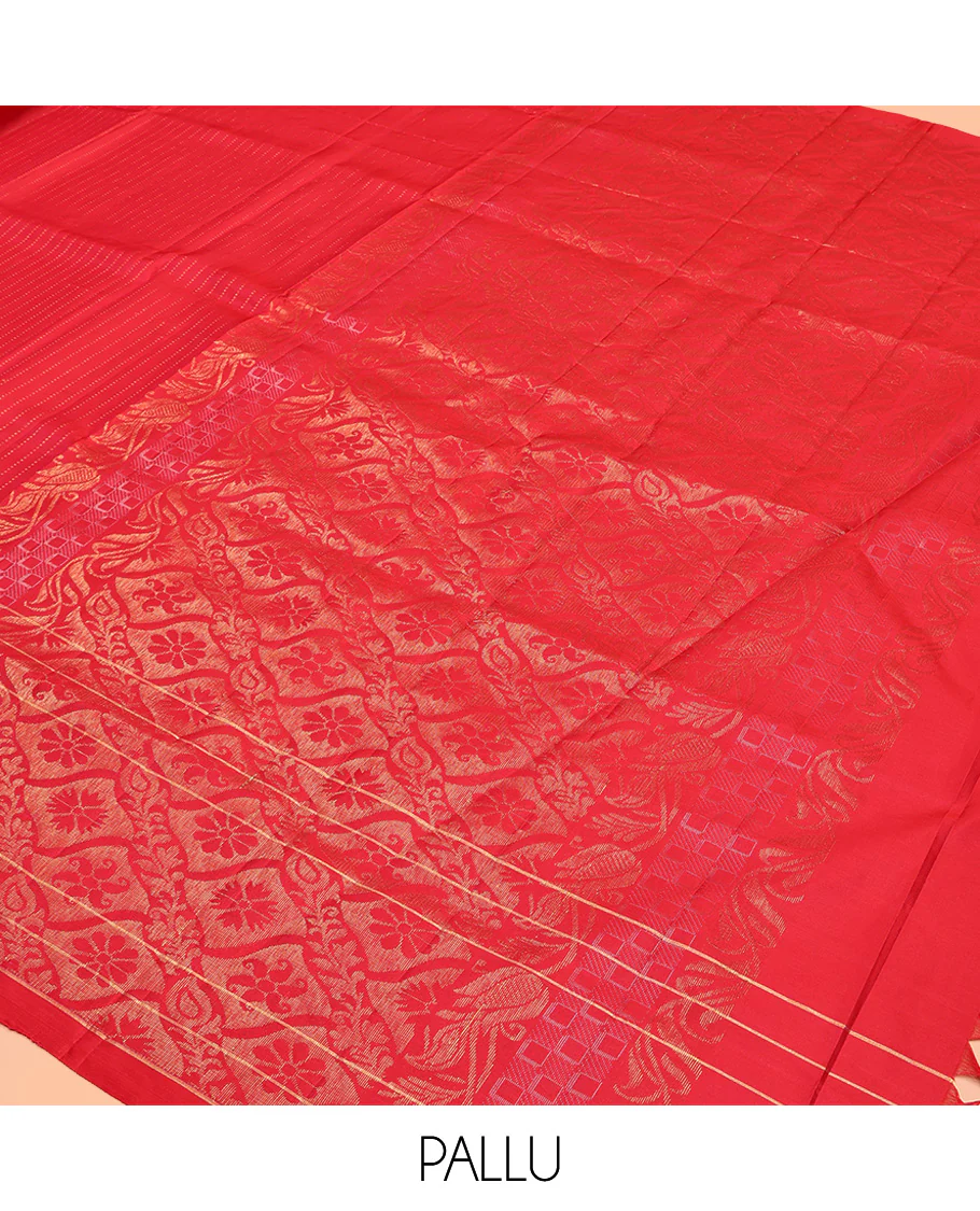 Red Mayuri Lite Silk Mix Saree, Finely Crafted with Muthu Stripes All Over Its Body, Highlighted by a Zari Butta Enclosed Checked Border, Pallu of Intricate Designs, and Paired with a Matching Blouse - Image 5