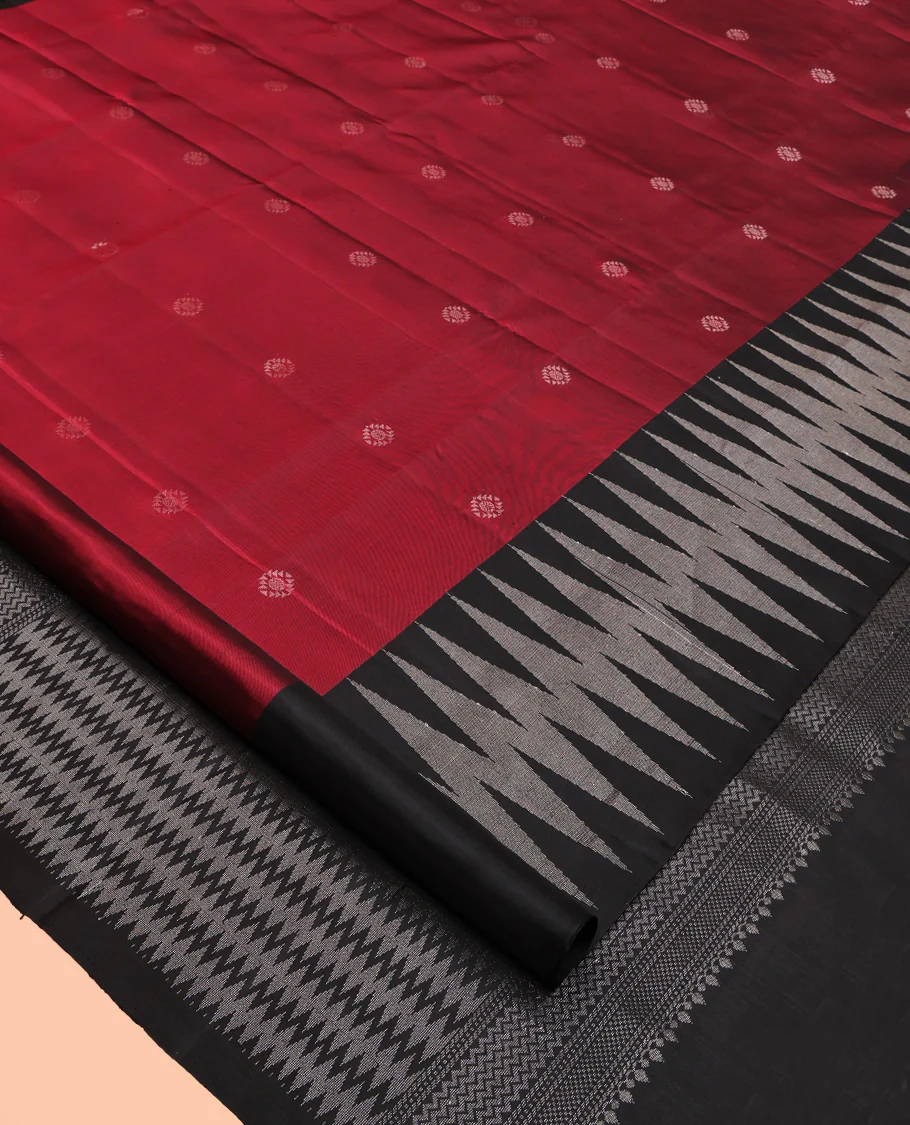 Red Mayuri Soft Silk Saree, Adorned with Zari Buttas All Over Its Body, Complemented by Contrast Chevron Striped Border, Pallu of Geometric Patterns and Paired with a Contrast Blouse - Image 2