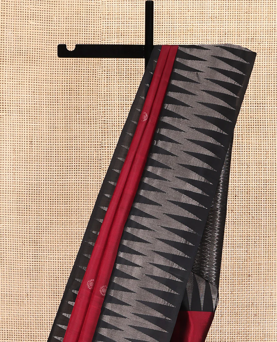 Red Mayuri Soft Silk Saree, Adorned with Zari Buttas All Over Its Body, Complemented by Contrast Chevron Striped Border, Pallu of Geometric Patterns and Paired with a Contrast Blouse - Image 3