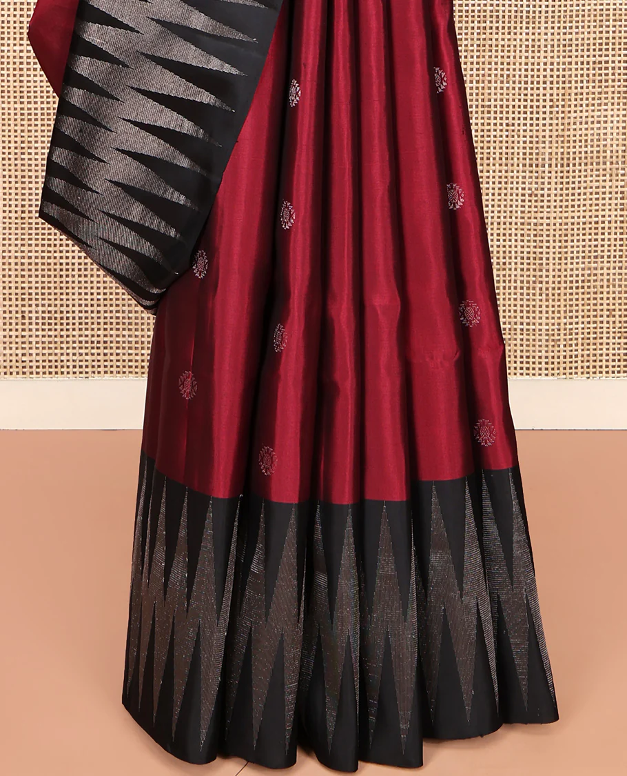 Red Mayuri Soft Silk Saree, Adorned with Zari Buttas All Over Its Body, Complemented by Contrast Chevron Striped Border, Pallu of Geometric Patterns and Paired with a Contrast Blouse - Image 4
