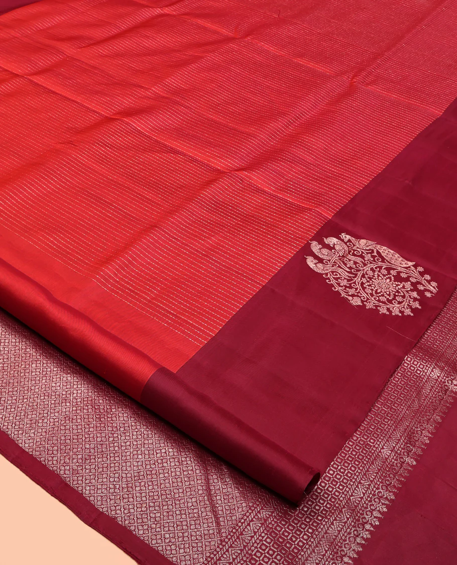 Red Mayuri Soft Silk Saree, Gleamed up with Vaira Oosi Stripes On Its Body, Complemented by Contrast Border of Floral and Peacock Designs, Grand Jaal Pallu and Paired with a Contrast Blouse - Image 2