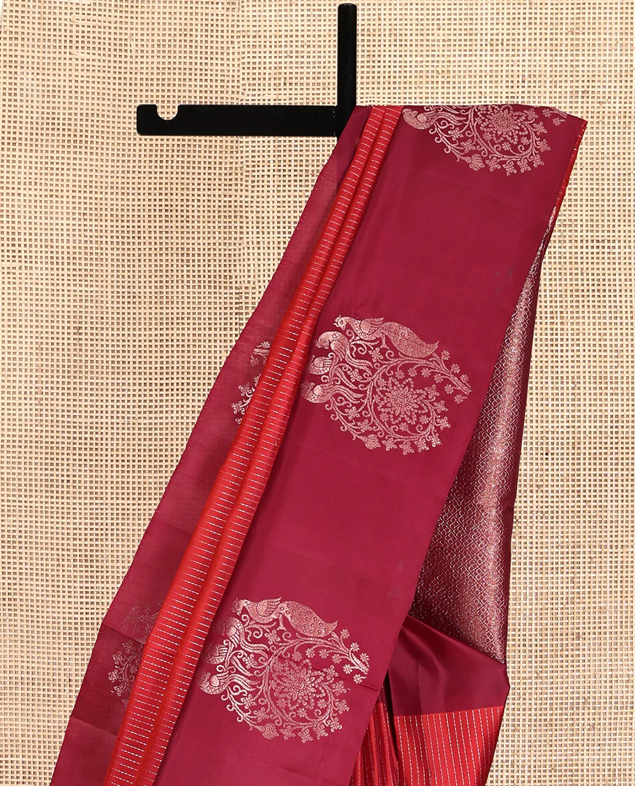 Red Mayuri Soft Silk Saree, Gleamed up with Vaira Oosi Stripes On Its Body, Complemented by Contrast Border of Floral and Peacock Designs, Grand Jaal Pallu and Paired with a Contrast Blouse - Image 3