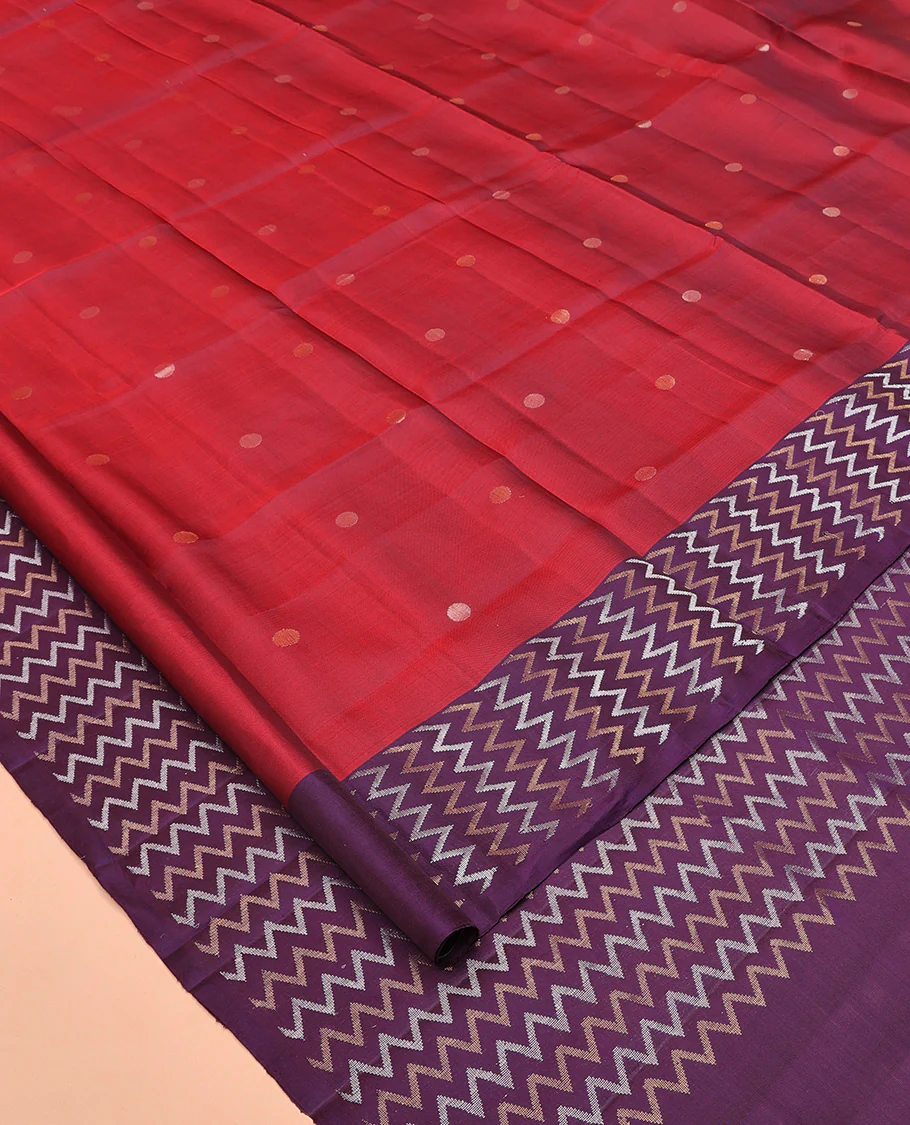 Red Mayuri Soft Silk Saree, Prettified with Buttas All Over the Body, Complemented by a Contrast Vanki Designs Border, Pallu of Vanki Designs, and Paired with a Contrast Blouse - Image 2