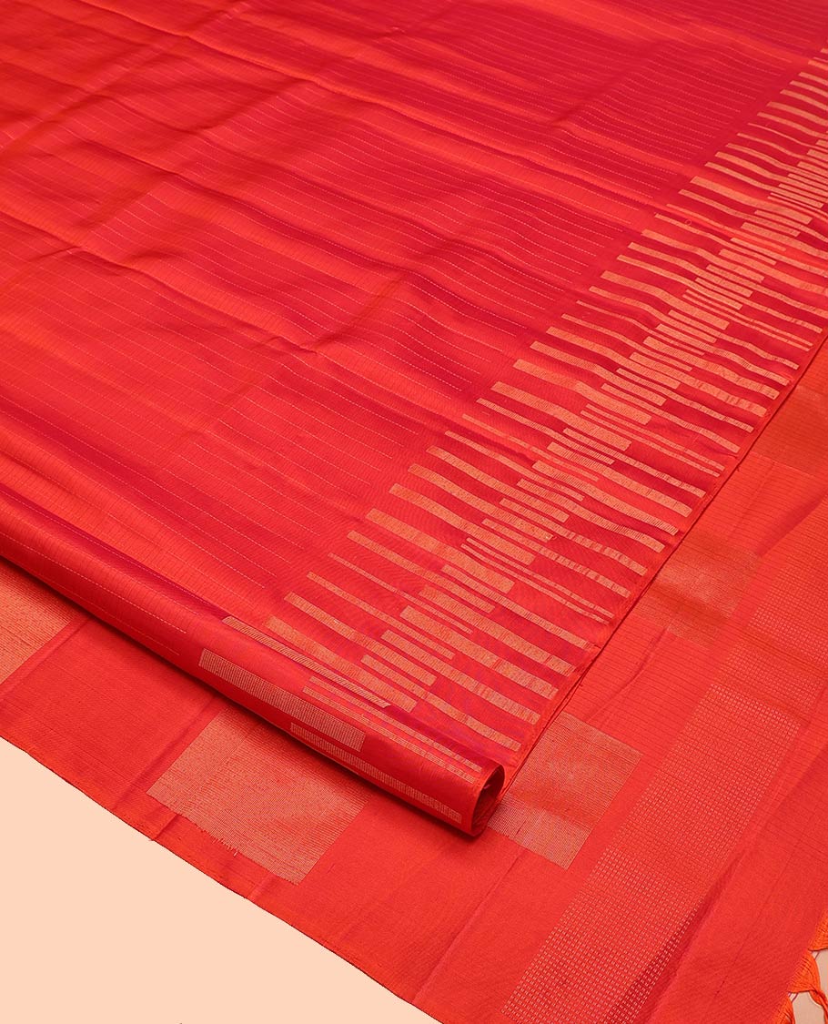 Red Mayuri Soft Silk Saree, Sparsely Sparkled with Stripes All Over Its Body, Highlighted by Zari Geometric Border, Pallu of Gleaming Zari Checks, and Paired with a Matching Blouse - Image 2