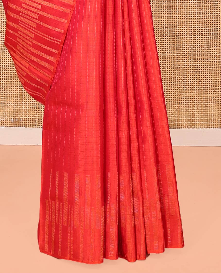 Red Mayuri Soft Silk Saree, Sparsely Sparkled with Stripes All Over Its Body, Highlighted by Zari Geometric Border, Pallu of Gleaming Zari Checks, and Paired with a Matching Blouse - Image 4