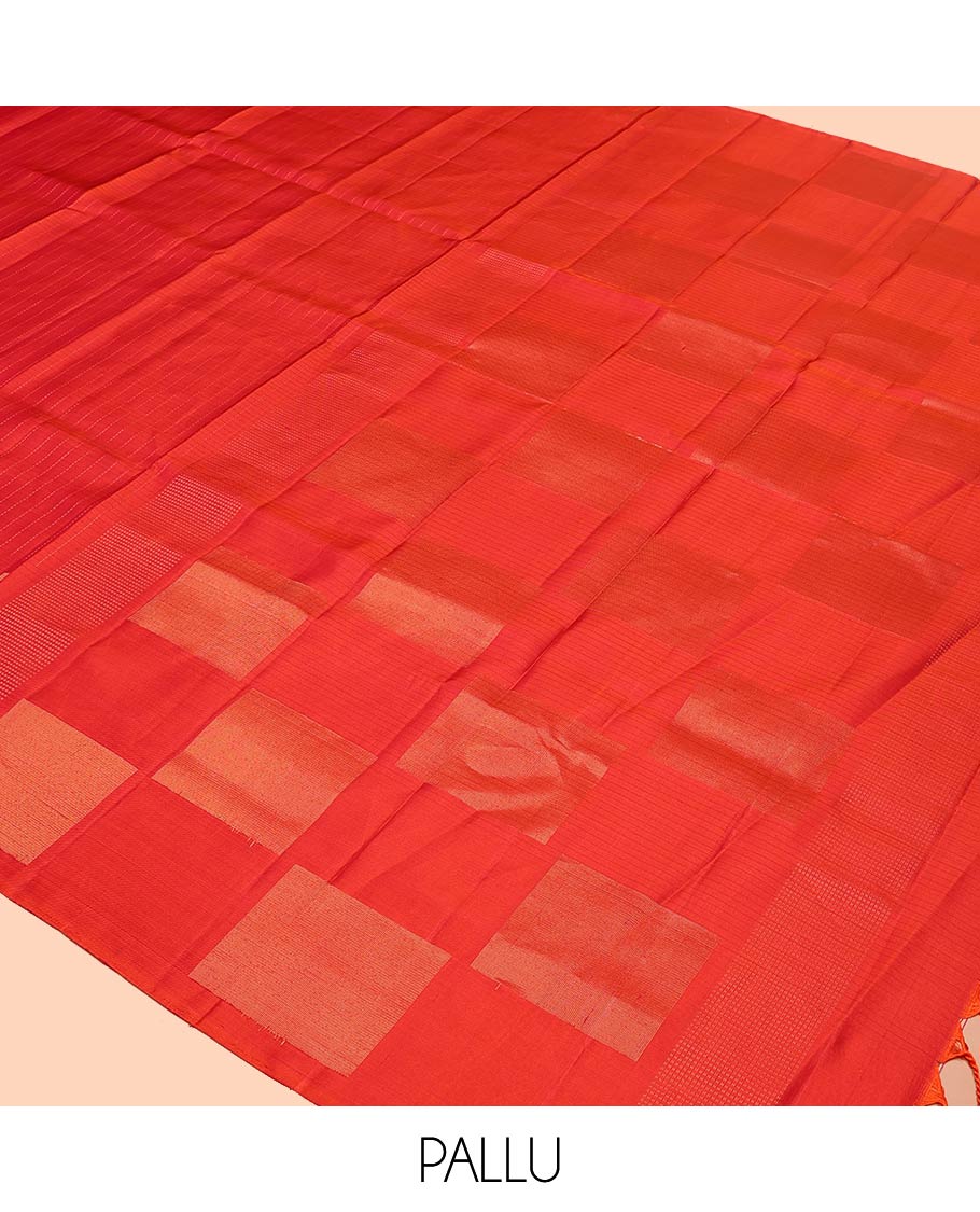 Red Mayuri Soft Silk Saree, Sparsely Sparkled with Stripes All Over Its Body, Highlighted by Zari Geometric Border, Pallu of Gleaming Zari Checks, and Paired with a Matching Blouse - Image 5