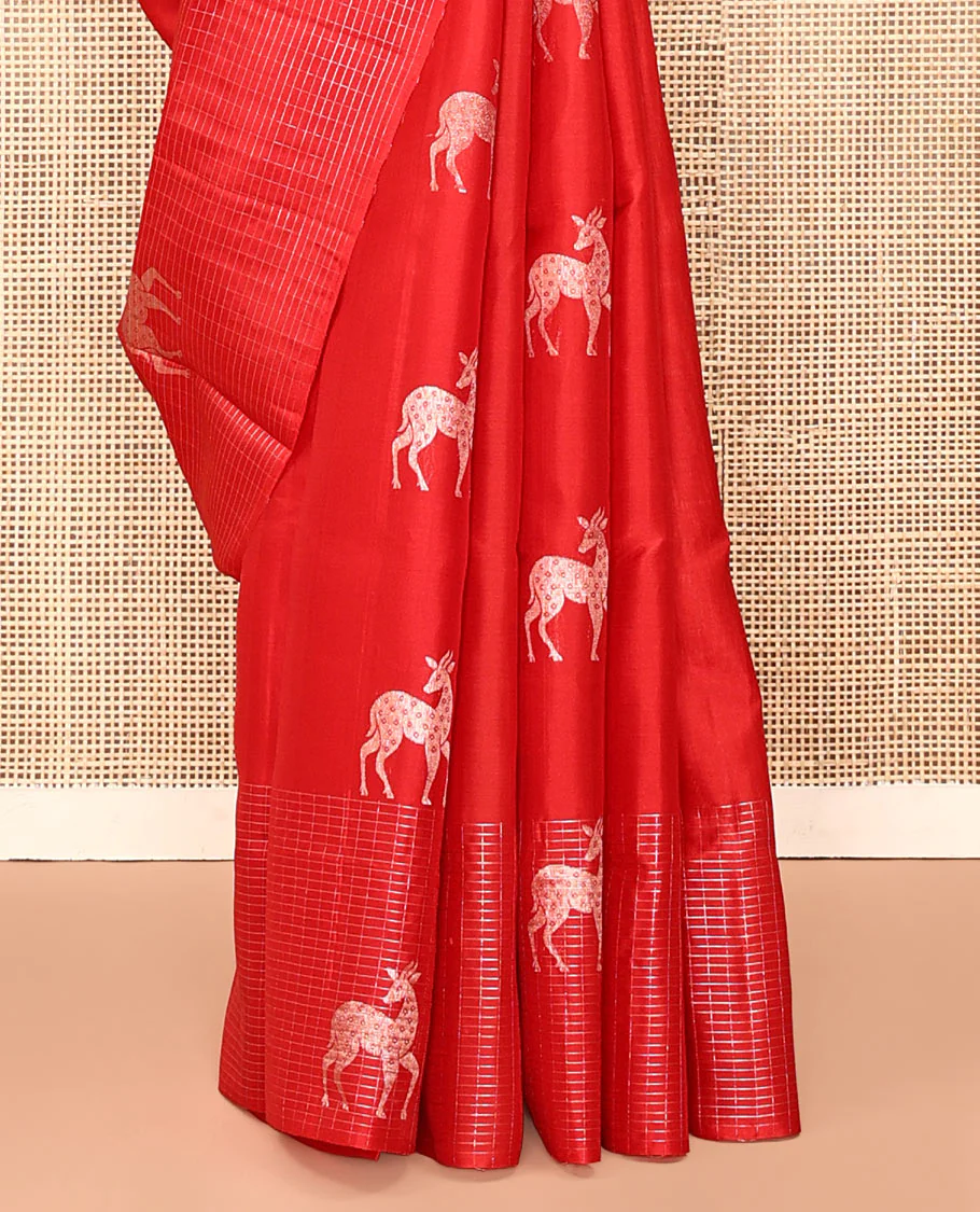 Red Mayuri Soft Silk Saree, Spotlighted with Maan Buttas All Over Its Body, Sparkling Zari Border of Checks and Maan Buttas, Sparsely Woven Pallu, and Paired with a Matching Blouse - Image 4