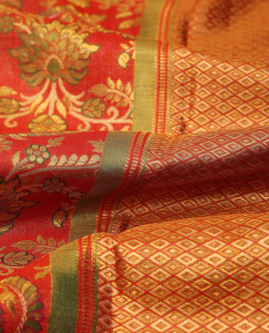 Red meenakari zari jacquard Samudrika silk saree, zari border of muthu & kuyil kann designs & geometric patterned pallu - Image 6