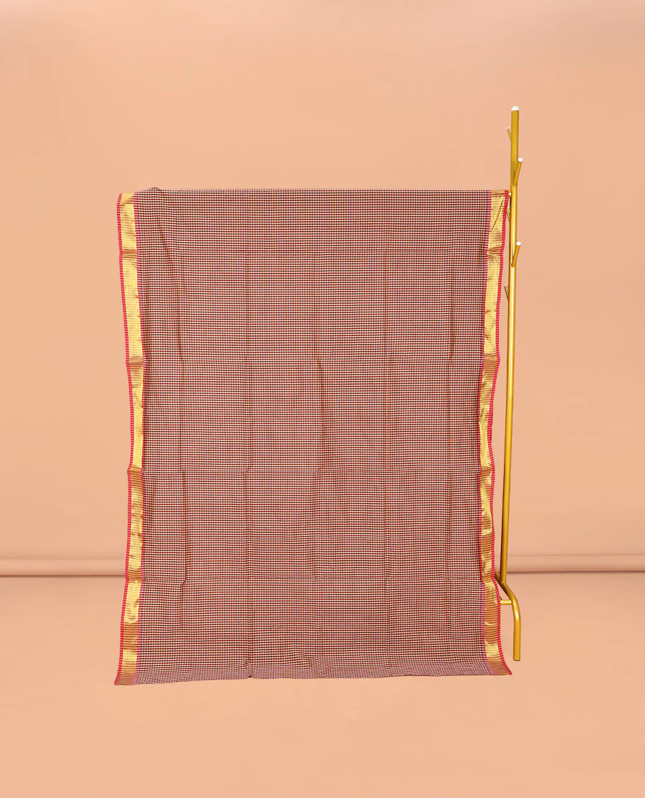 Red Micro-Checked Poly Cotton Saree, Complemented by a Contrast Zari Border, Contrast Striped Pallu, and Paired with a Contrast Blouse