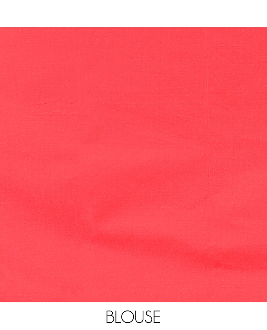Red Mushuru Silk Saree, Gracefully Embellished with Vertically Woven Flora-Fauna Zari Designs On Its Body, Highlighted by Zari Border of Peacock and Deer Motifs, Grand Pallu, and Paired with a Plain Blouse - Image 6