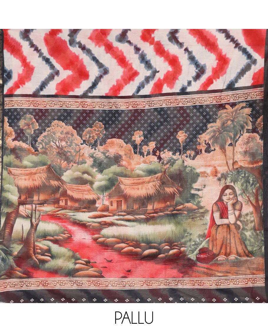 Red Muslin Cotton Saree Elevated with Zig-Zag Shibori Patterns Prints, Complemented by a Contrast Border of Deer Motifs in Zari, Pallu Decked Up with Scenery Print, and Paired with a Contrast Polka Dots Printed Blouse - Image 3