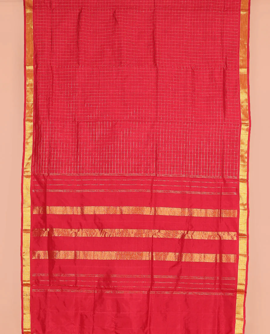 Red Muthu zari checked nine-yard silk saree, zari Muthu design border, and pallu of zari designs - Image 2