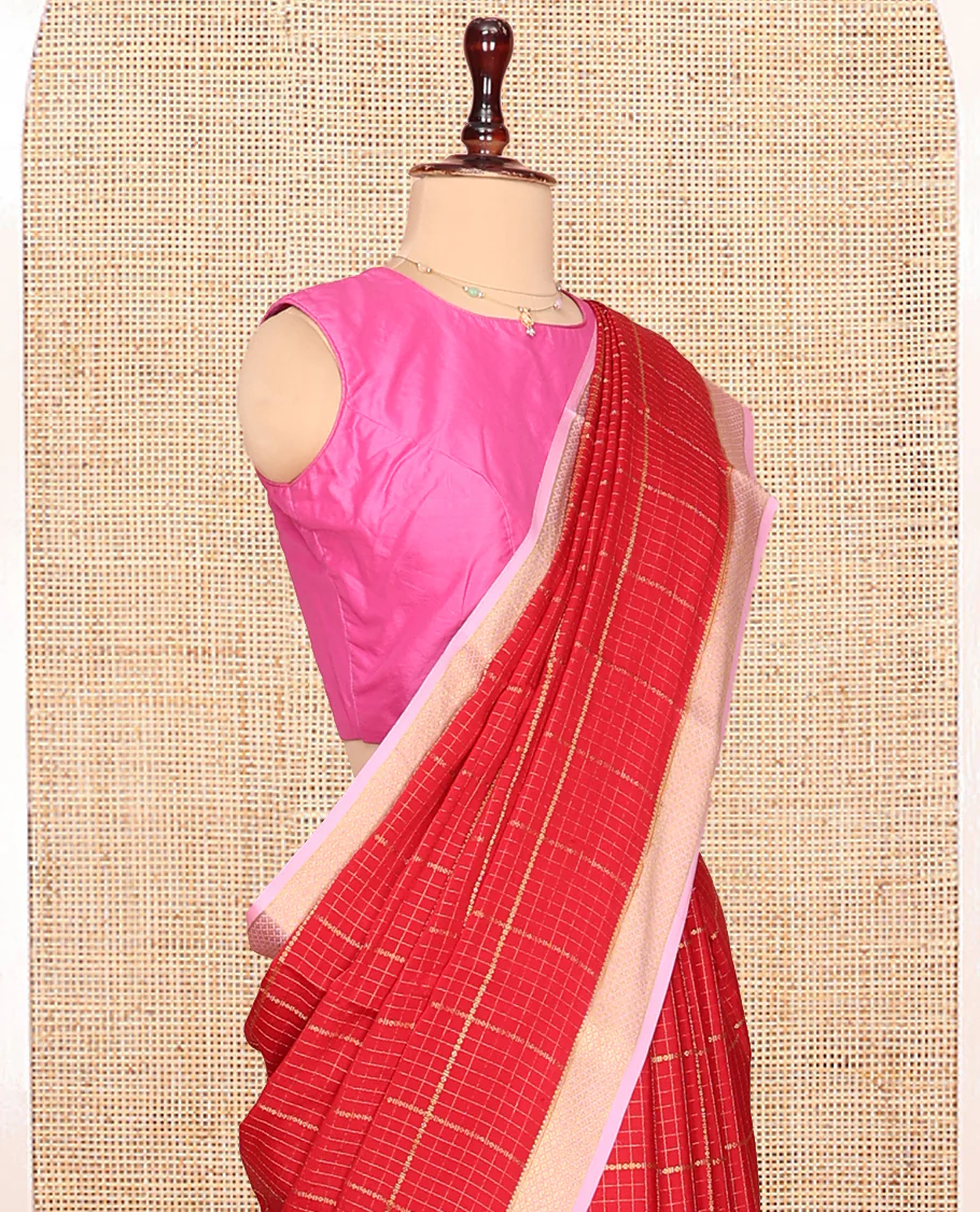 Red Mysore Silk Saree, Mesmerized with Zari Checked Design On Its Body, Complemented by Captivating Contrast Border of Traditional Zari Designs, Subtly Striped Pallu and Paired with a Contrast Blouse - Image 2