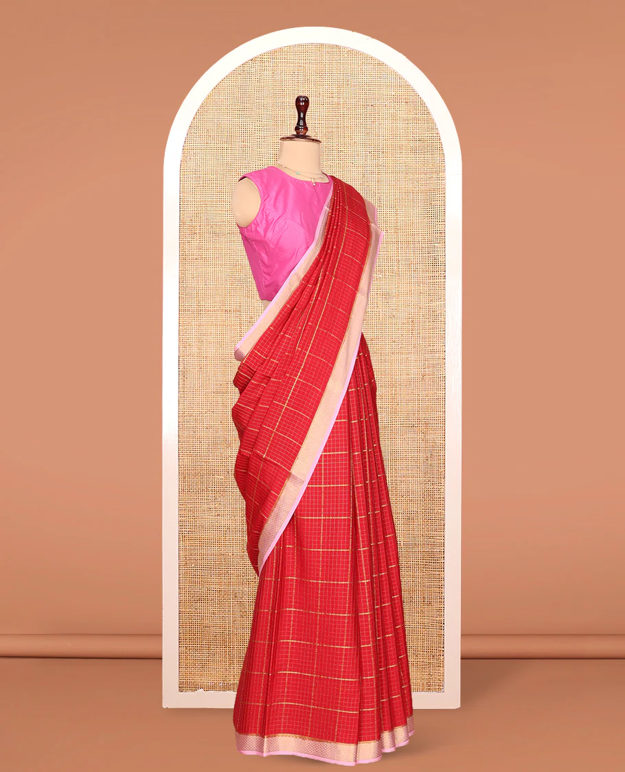 Red Mysore Silk Saree, Mesmerized with Zari Checked Design On Its Body, Complemented by Captivating Contrast Border of Traditional Zari Designs, Subtly Striped Pallu and Paired with a Contrast Blouse - Image 3