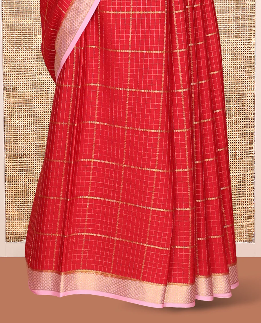 Red Mysore Silk Saree, Mesmerized with Zari Checked Design On Its Body, Complemented by Captivating Contrast Border of Traditional Zari Designs, Subtly Striped Pallu and Paired with a Contrast Blouse - Image 4