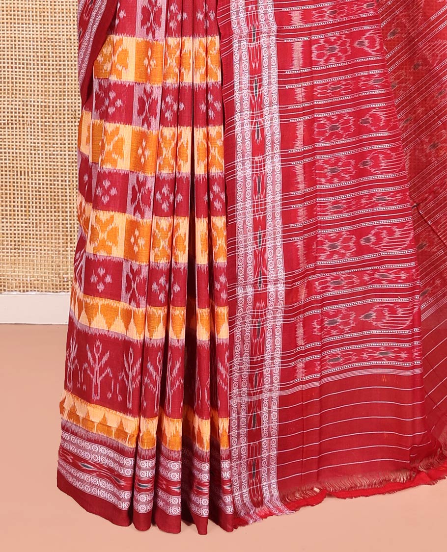 Red Odisha Cotton Saree, Elevated with Butta Enclosed Checks and Temple Designs All Over the Body, Subtly Woven Border, Pallu Depicts Geometric Patterns, and Has No Blouse - Image 3