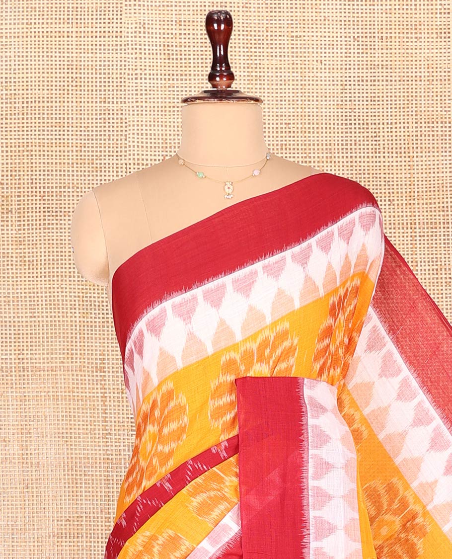 Red Odisha Cotton Saree Featuring Jaal Patterns All Over the Body, Complemented by a Contrast Temple Border of Floral Designs, Pallu Features Diamond Patterns in a Hazily Woven, and Has No Blouse - Image 2