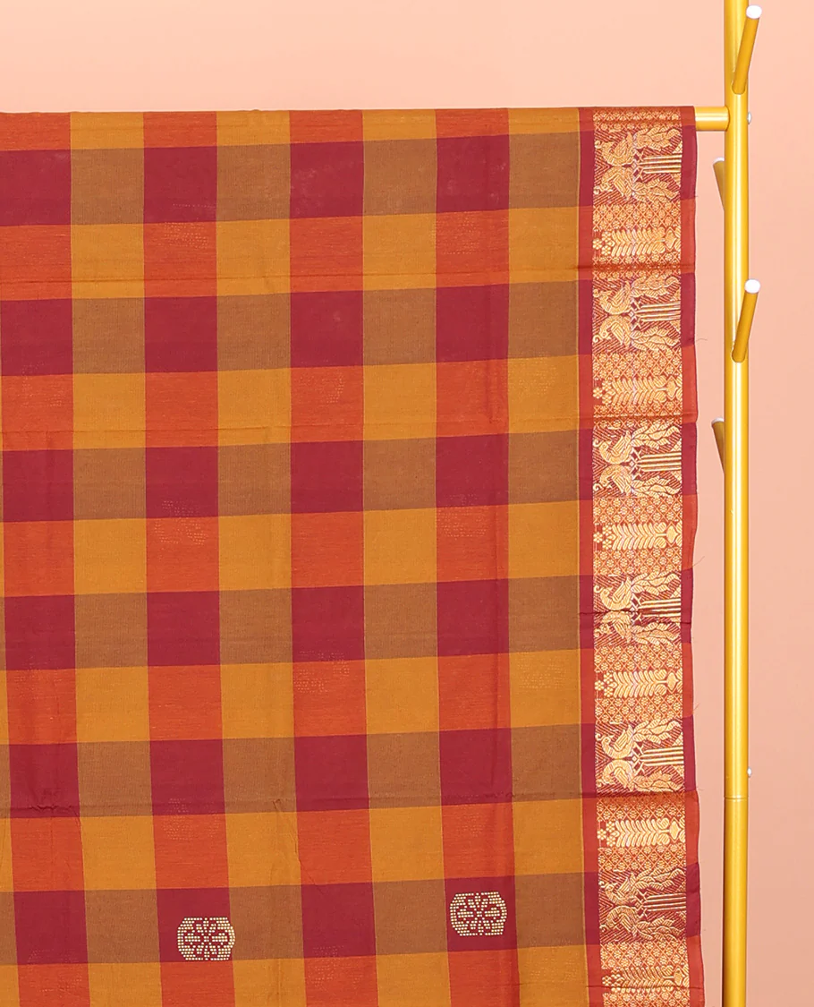 Red-Orange Chettinad Cotton Saree, Woven with Checks and Buttas, Highlighted by Peacock Border, Striped Pallu, and No Blouse - Image 2