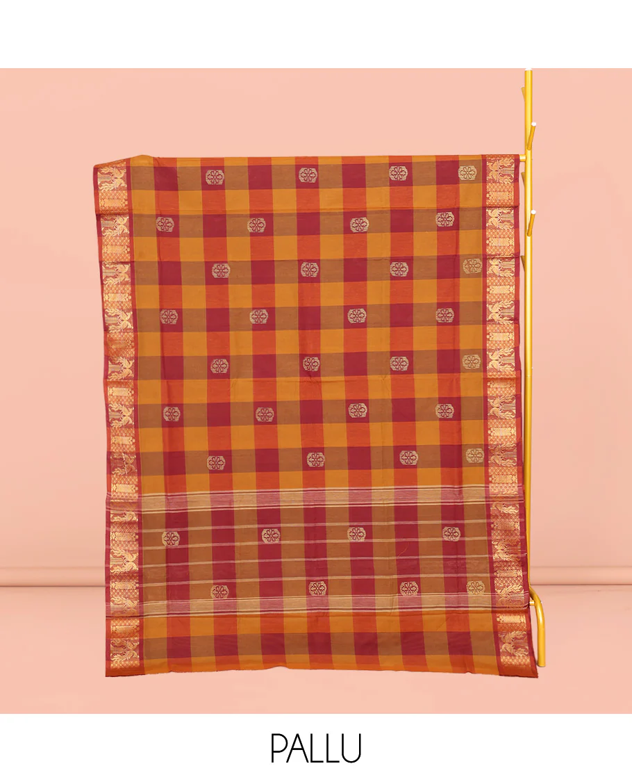 Red-Orange Chettinad Cotton Saree, Woven with Checks and Buttas, Highlighted by Peacock Border, Striped Pallu, and No Blouse - Image 3