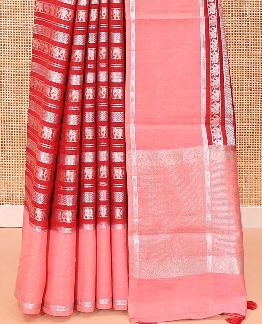 Red Organza Saree, Richly Zari Detailed with Geometric and Elephant Motifs All Over Its Body, Complemented by Captivating Contrast Zari Border, Zari Decked Up Pallu, and Paired with a Contrast Blouse - Image 4