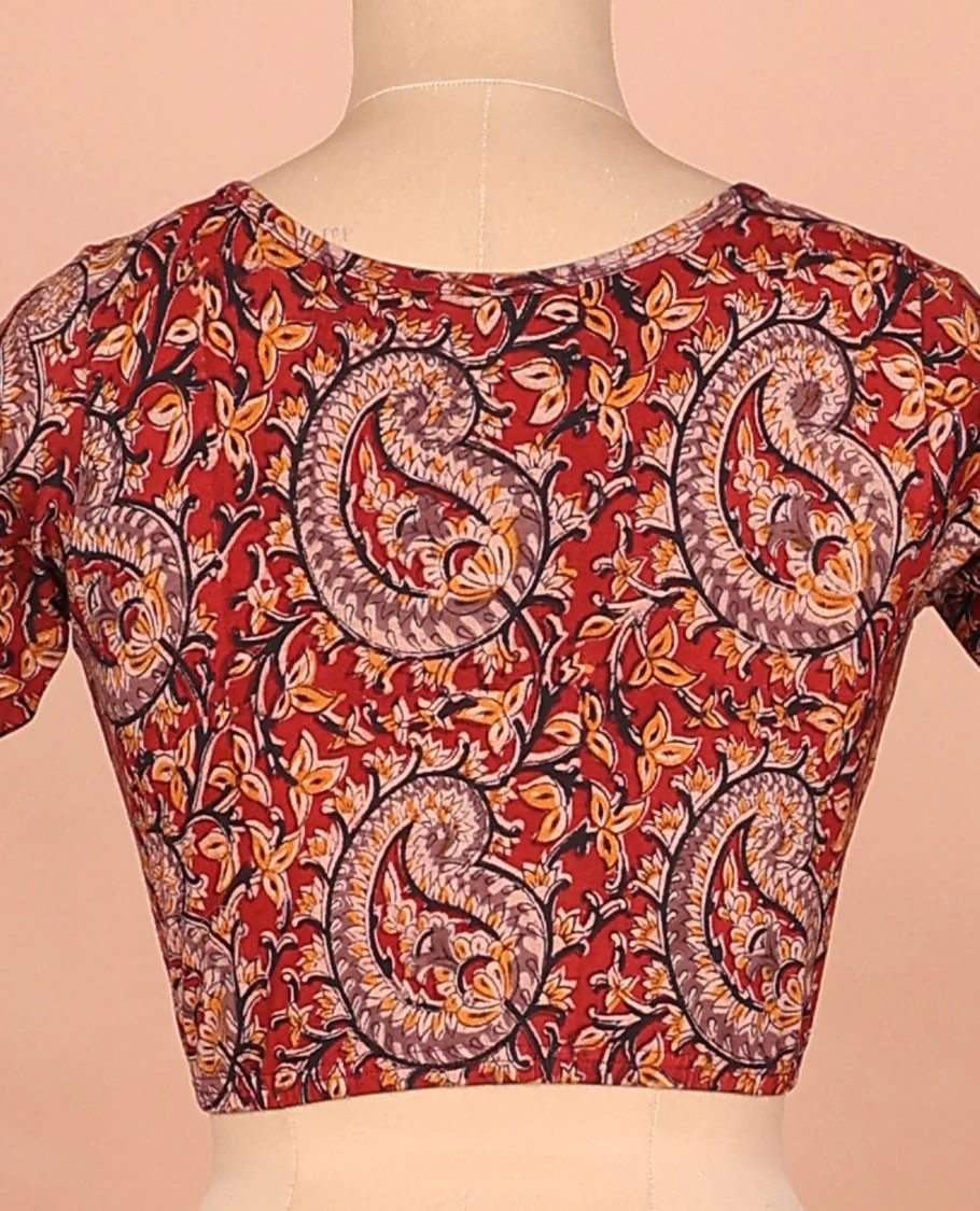 Red paisley vine printed front boat neck elbow sleeve cotton readymade blouse - Image 4
