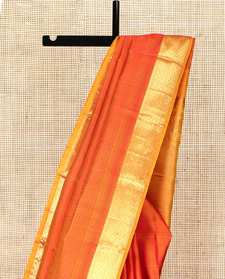 Red Parampara Silk Saree, Subtly Sparkled With Geometric Embossed Patterns in Its Body, Highlighted by Contrast Jaal Design Zari Border, Pallu of Mayil Kann and Yaali Designs , and Paired with a Contrast Blouse - Image 3
