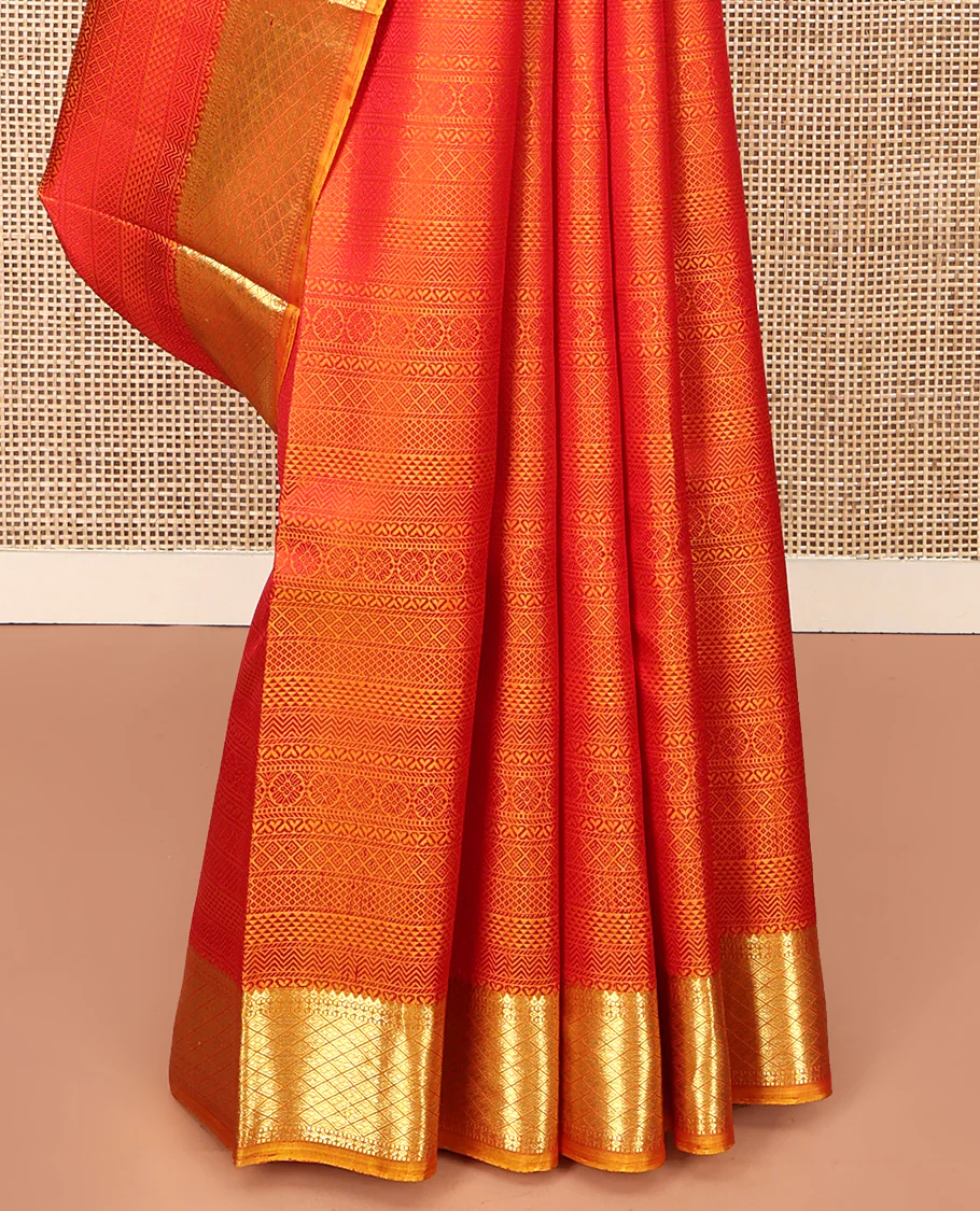 Red Parampara Silk Saree, Subtly Sparkled With Geometric Embossed Patterns in Its Body, Highlighted by Contrast Jaal Design Zari Border, Pallu of Mayil Kann and Yaali Designs , and Paired with a Contrast Blouse - Image 4