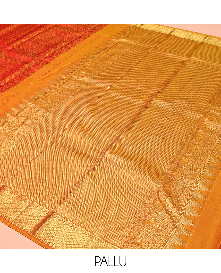 Red Parampara Silk Saree, Subtly Sparkled With Geometric Embossed Patterns in Its Body, Highlighted by Contrast Jaal Design Zari Border, Pallu of Mayil Kann and Yaali Designs , and Paired with a Contrast Blouse - Image 5