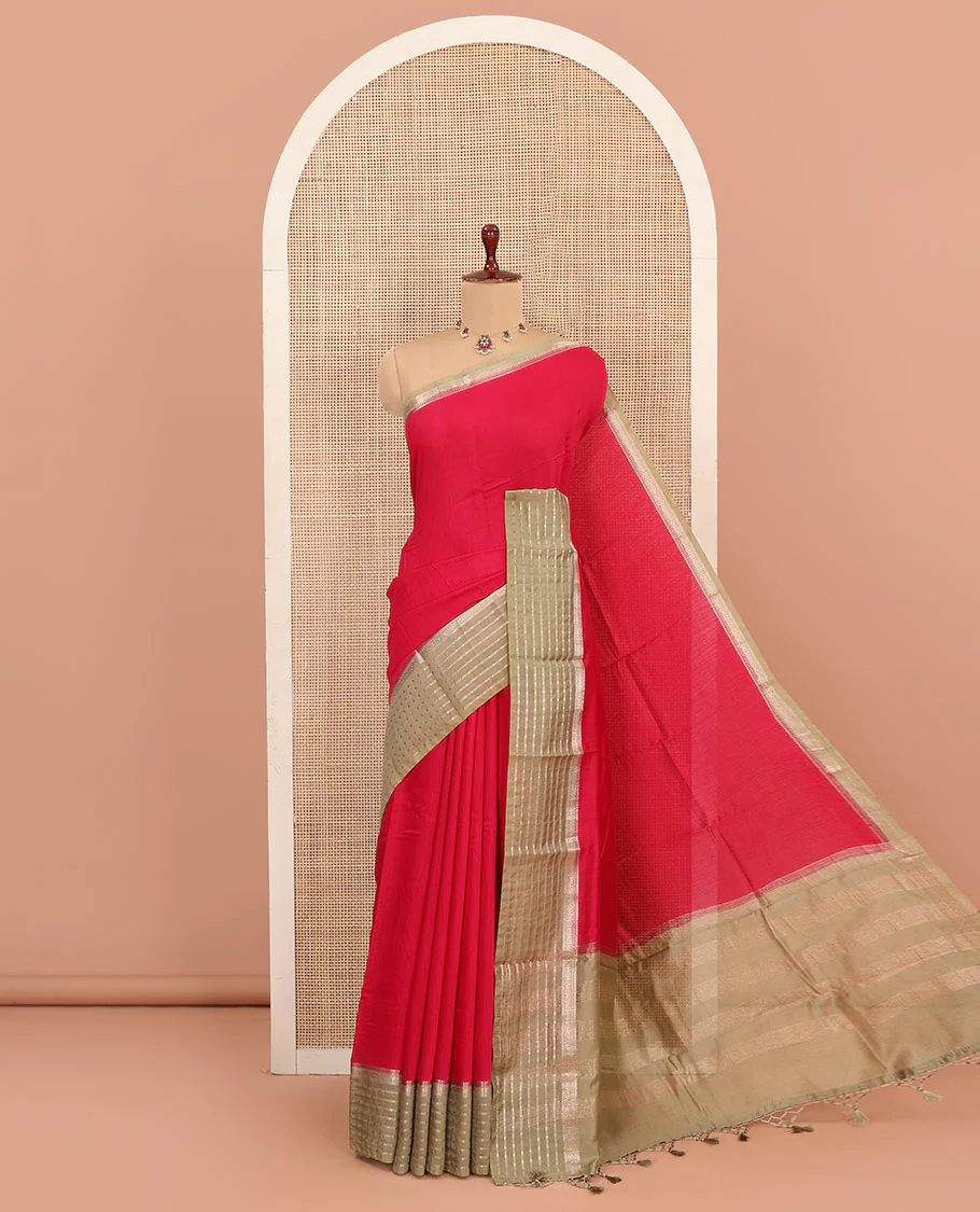 Red Plain Assam Silk Saree, Complemented by Captivating Contrast Border Featuring Traditional Zari Designs, Gleaming Zari Woven Pallu, and Paired with a Contrast Blouse