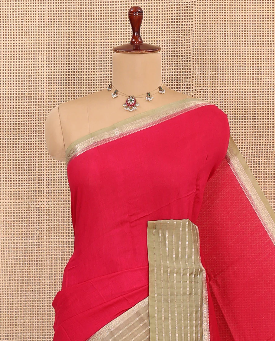 Red Plain Assam Silk Saree, Complemented by Captivating Contrast Border Featuring Traditional Zari Designs, Gleaming Zari Woven Pallu, and Paired with a Contrast Blouse - Image 2