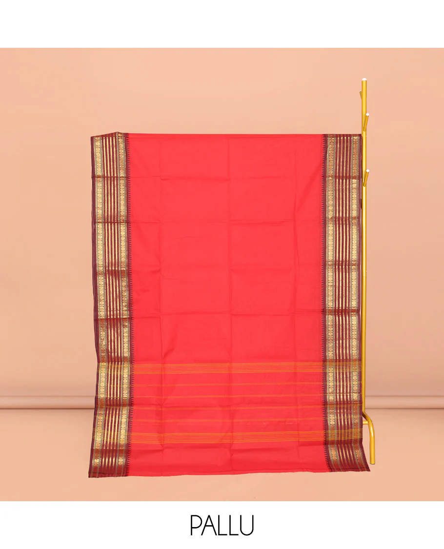 Red Plain Chettinad Cotton Saree, Complemented by a Contrast Traditional Zari Design Temple Border, Subtly Striped Pallu, and Paired with a Matching Blouse - Image 2