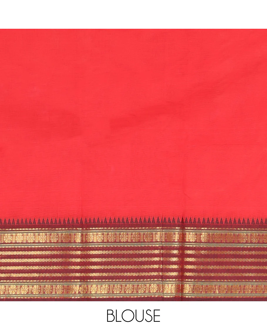 Red Plain Chettinad Cotton Saree, Complemented by a Contrast Traditional Zari Design Temple Border, Subtly Striped Pallu, and Paired with a Matching Blouse - Image 3