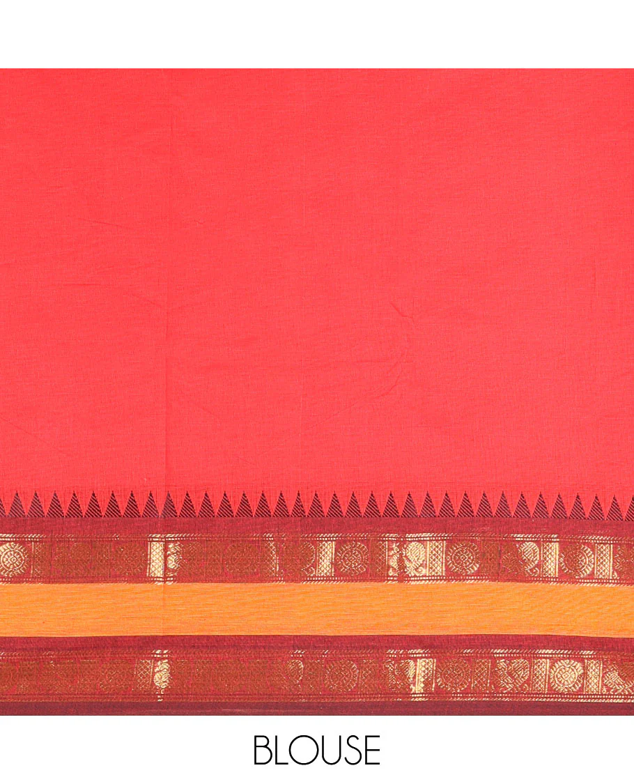 Red Plain Chettinad Cotton Saree, Complemented by Contrast Rettai Pettu Temple Border of Peacock Chakram Designs, Gleaming Striped Pallu, and Paired with a Matching Blouse - Image 3