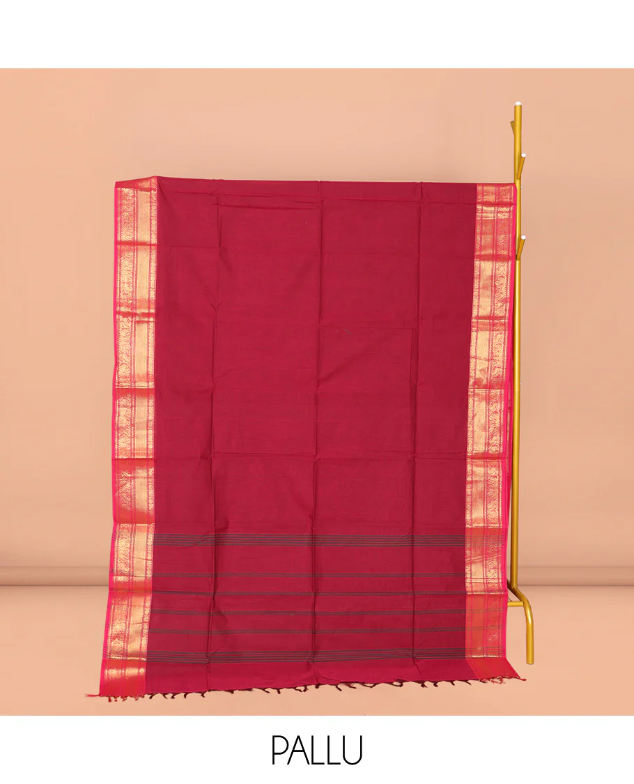 Red Plain Chettinad Cotton Saree, Complemented by Contrast Traditional Zari Design Border, Striped Pallu, and Paired with Matching Blouse - Image 2