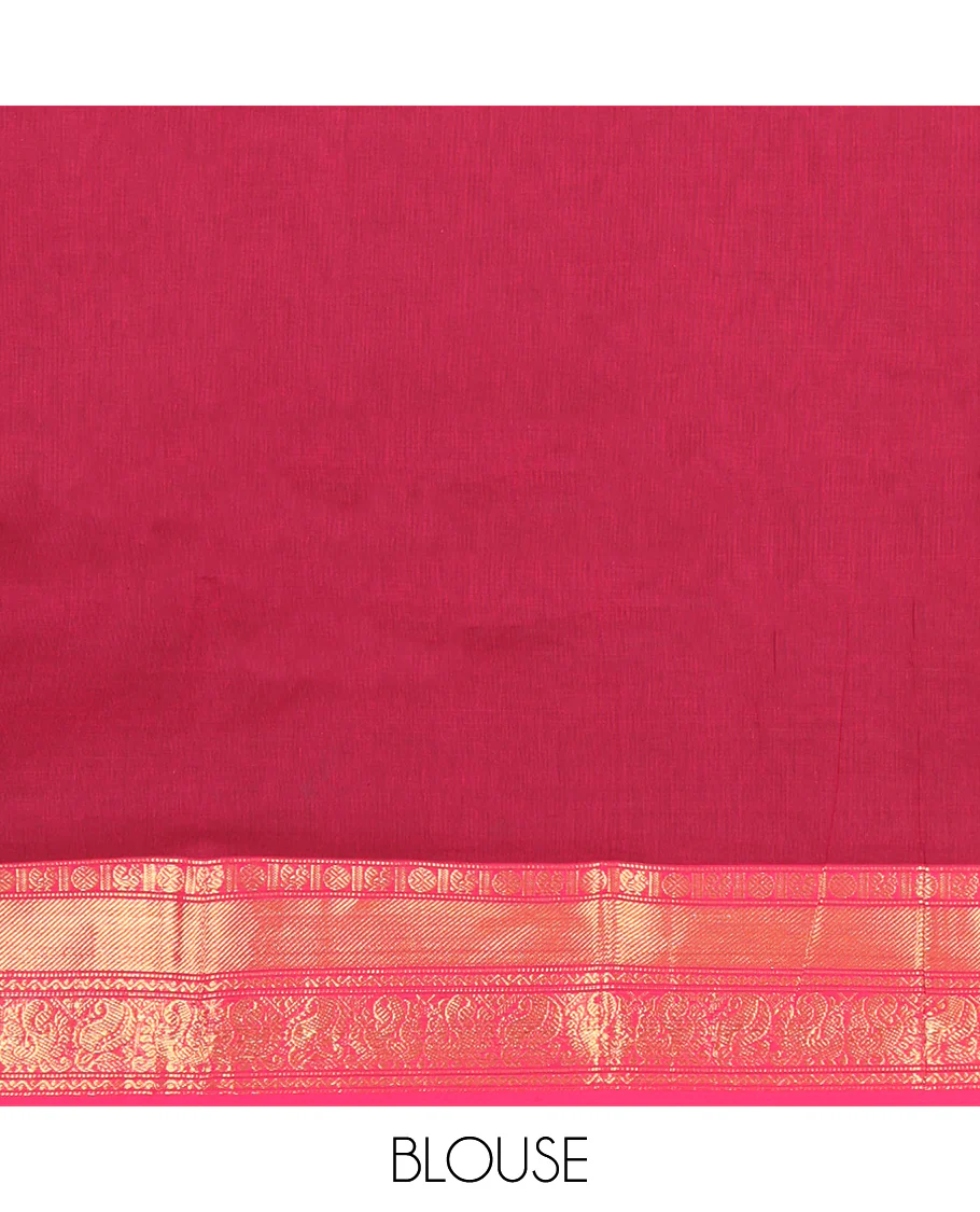 Red Plain Chettinad Cotton Saree, Complemented by Contrast Traditional Zari Design Border, Striped Pallu, and Paired with Matching Blouse - Image 3