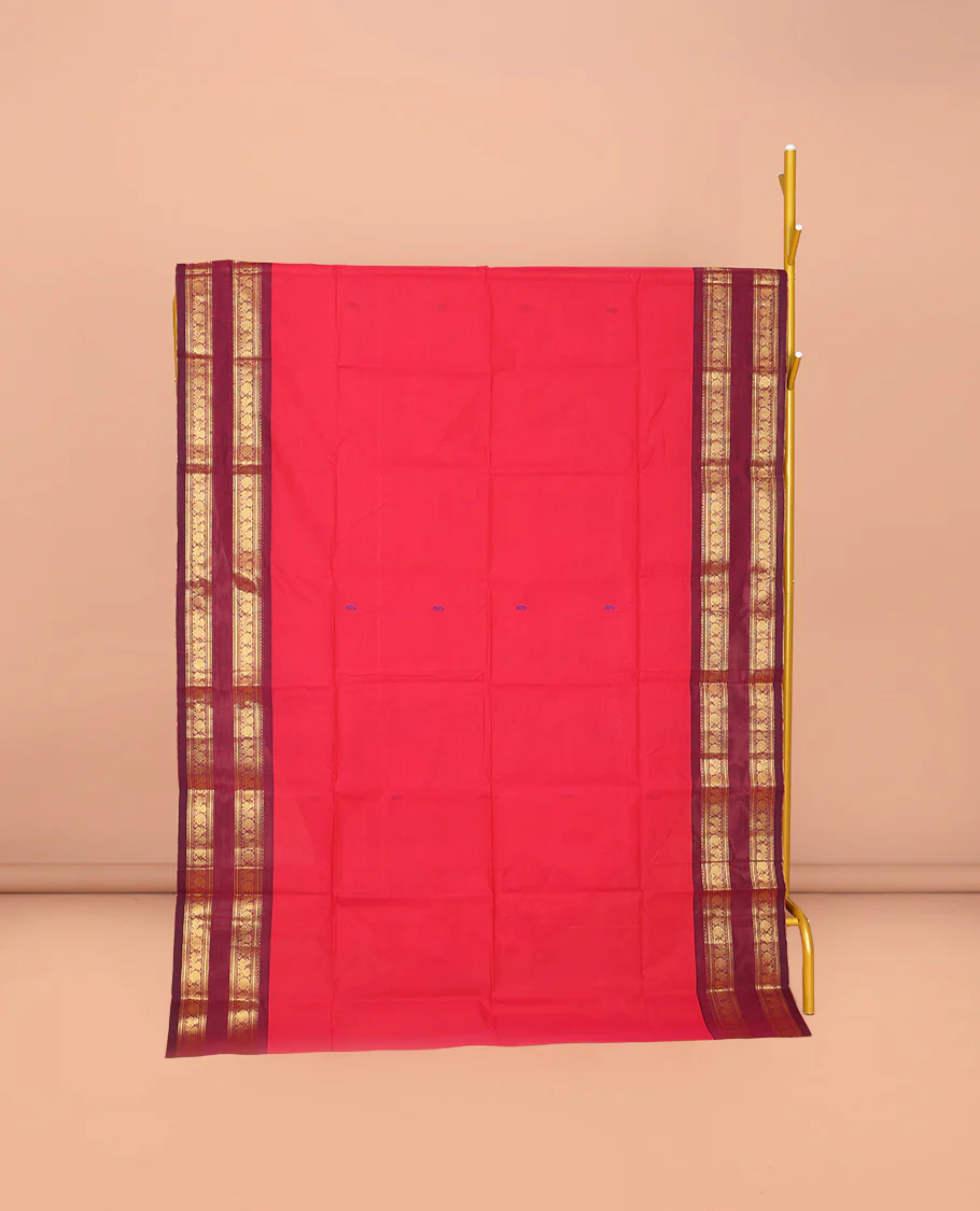 Red Plain Chettinad Cotton Saree, Sparsely Woven with Buttas All Over Its Body, Complemented by Contrast Traditional Design Rettai Pettu Border, Striped Pallu, and Paired with Matching Blouse