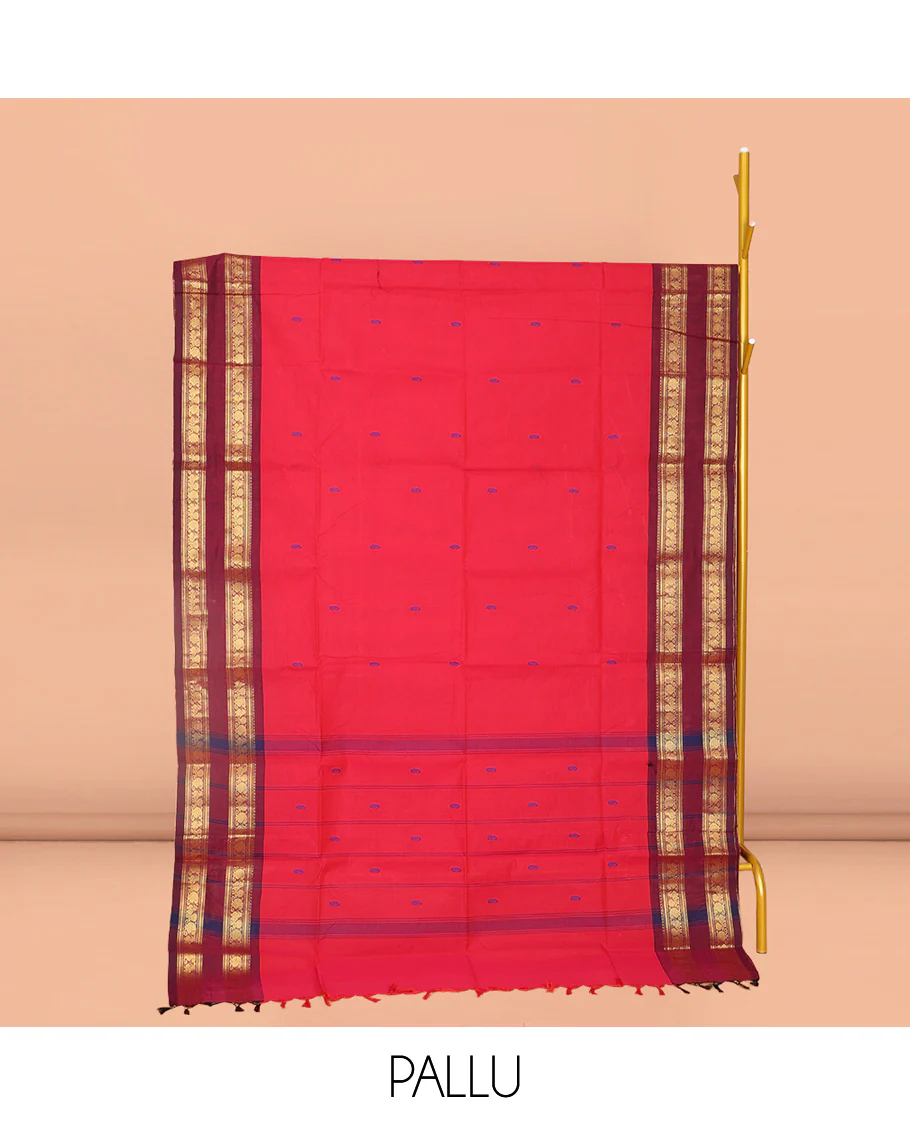 Red Plain Chettinad Cotton Saree, Sparsely Woven with Buttas All Over Its Body, Complemented by Contrast Traditional Design Rettai Pettu Border, Striped Pallu, and Paired with Matching Blouse - Image 2