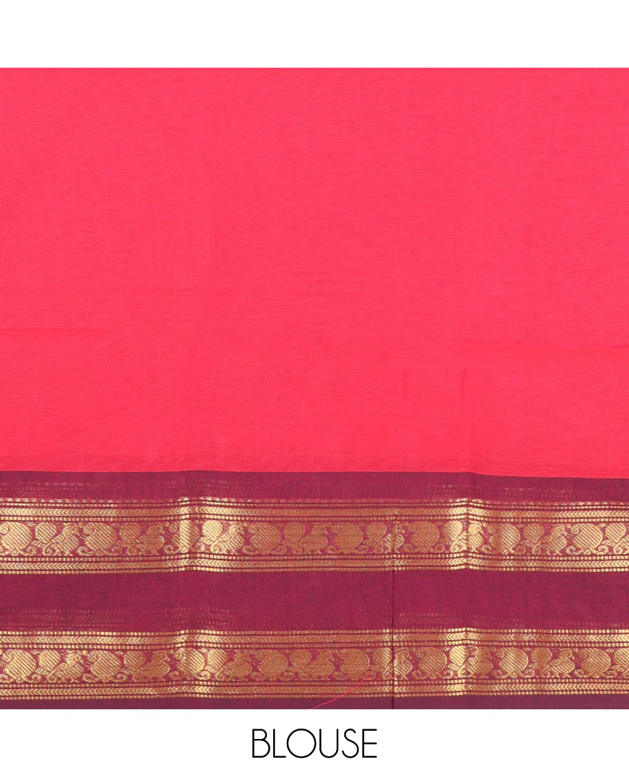 Red Plain Chettinad Cotton Saree, Sparsely Woven with Buttas All Over Its Body, Complemented by Contrast Traditional Design Rettai Pettu Border, Striped Pallu, and Paired with Matching Blouse - Image 3