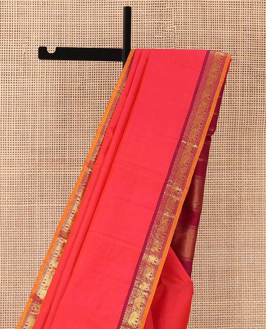 Red Plain Kanchipuram Silk Saree, Complemented by Contrast Border of Rekku, Neli, Muthu and Yaanai Designs, Zari Designs Woven Pallu, and Paired with a Contrast Blouse - Image 3