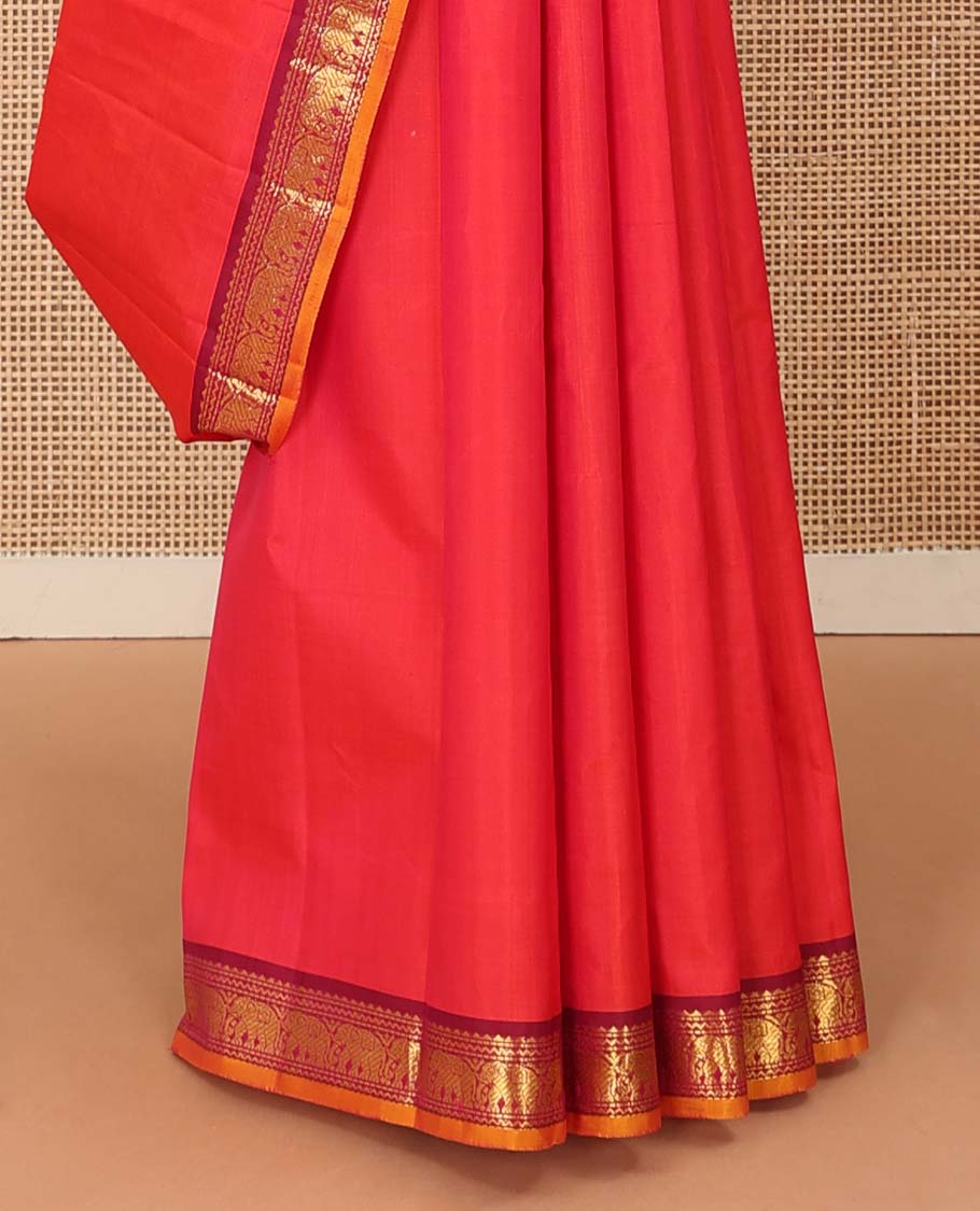Red Plain Kanchipuram Silk Saree, Complemented by Contrast Border of Rekku, Neli, Muthu and Yaanai Designs, Zari Designs Woven Pallu, and Paired with a Contrast Blouse - Image 4