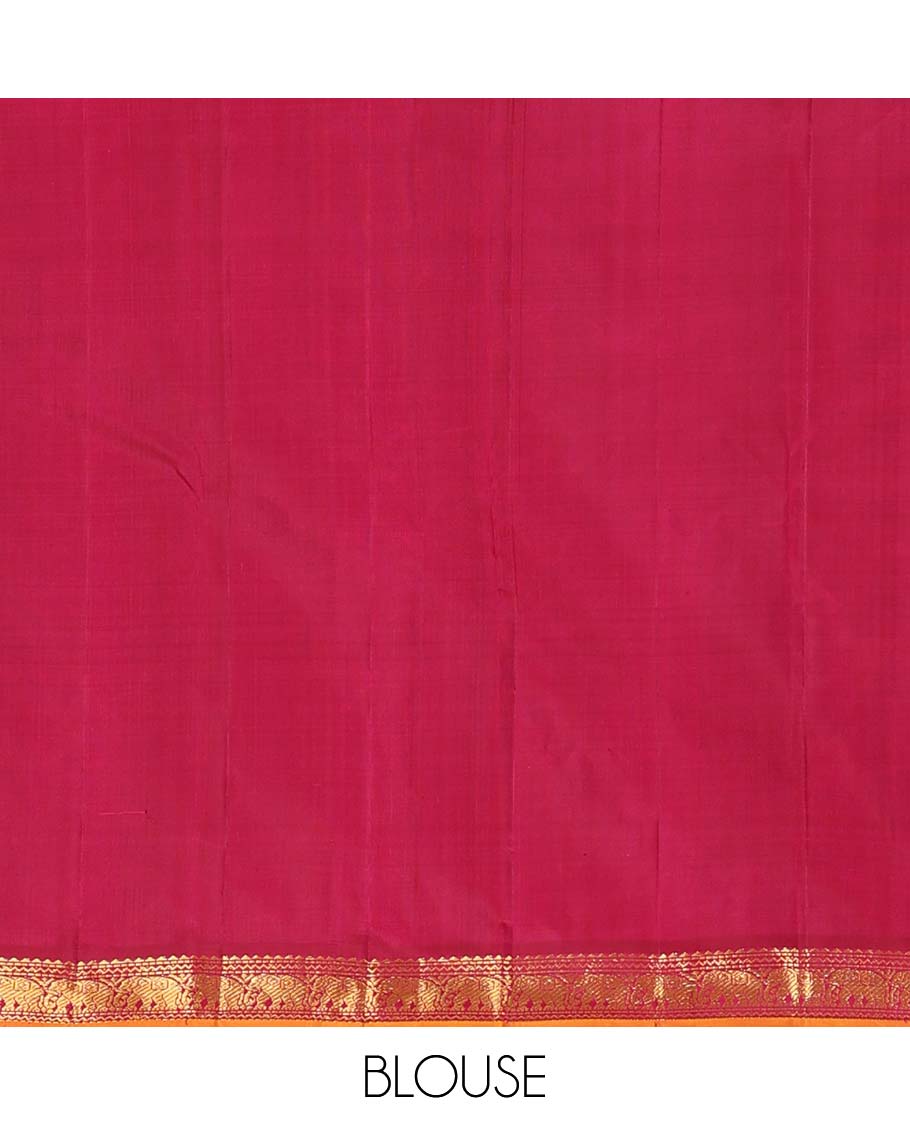 Red Plain Kanchipuram Silk Saree, Complemented by Contrast Border of Rekku, Neli, Muthu and Yaanai Designs, Zari Designs Woven Pallu, and Paired with a Contrast Blouse - Image 6