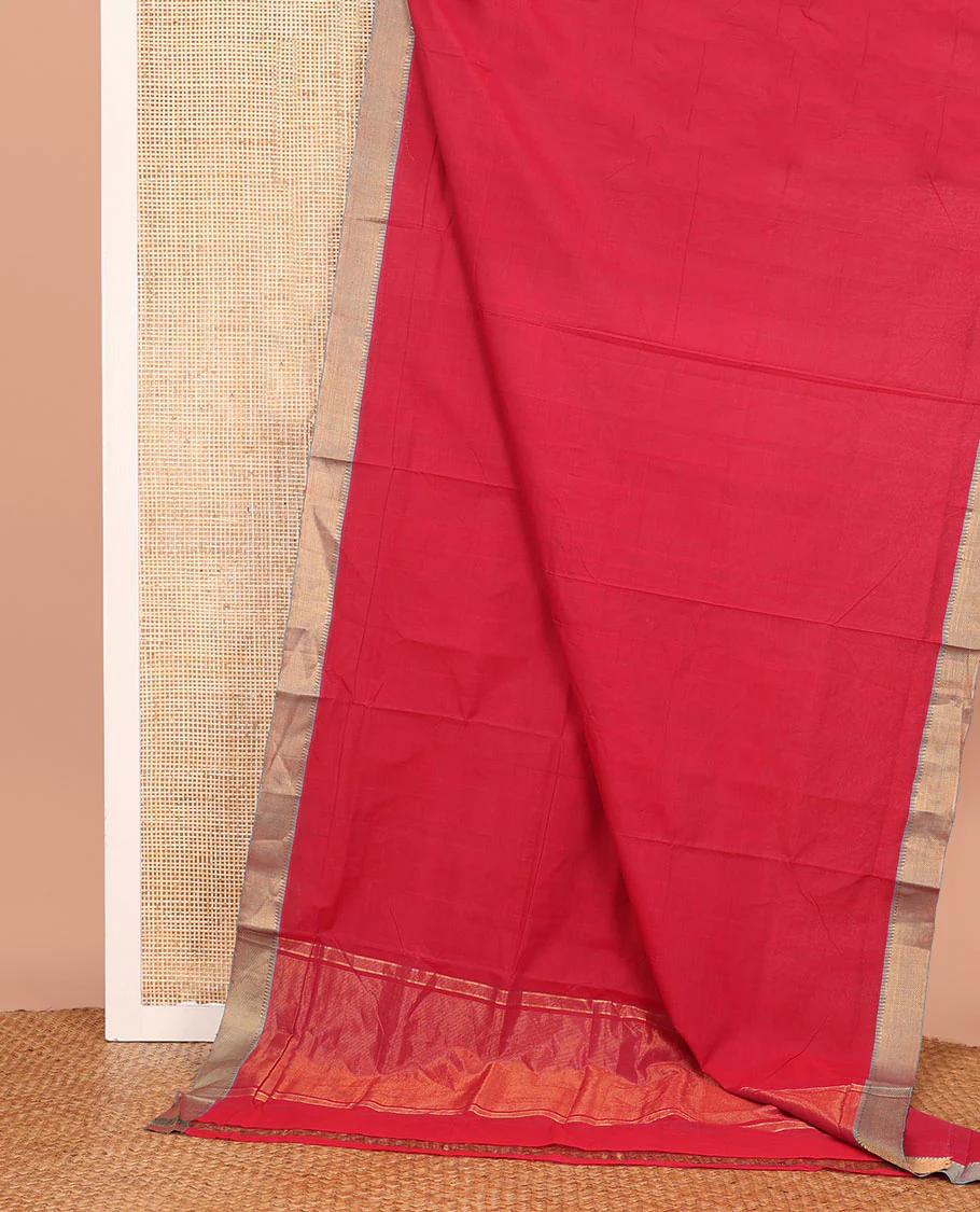 Red Plain Mangalagiri Cotton Saree, Complemented by Contrast Temple Zari Border, Gleaming Zari Pallu, and Paired with a Matching Blouse - Image 2