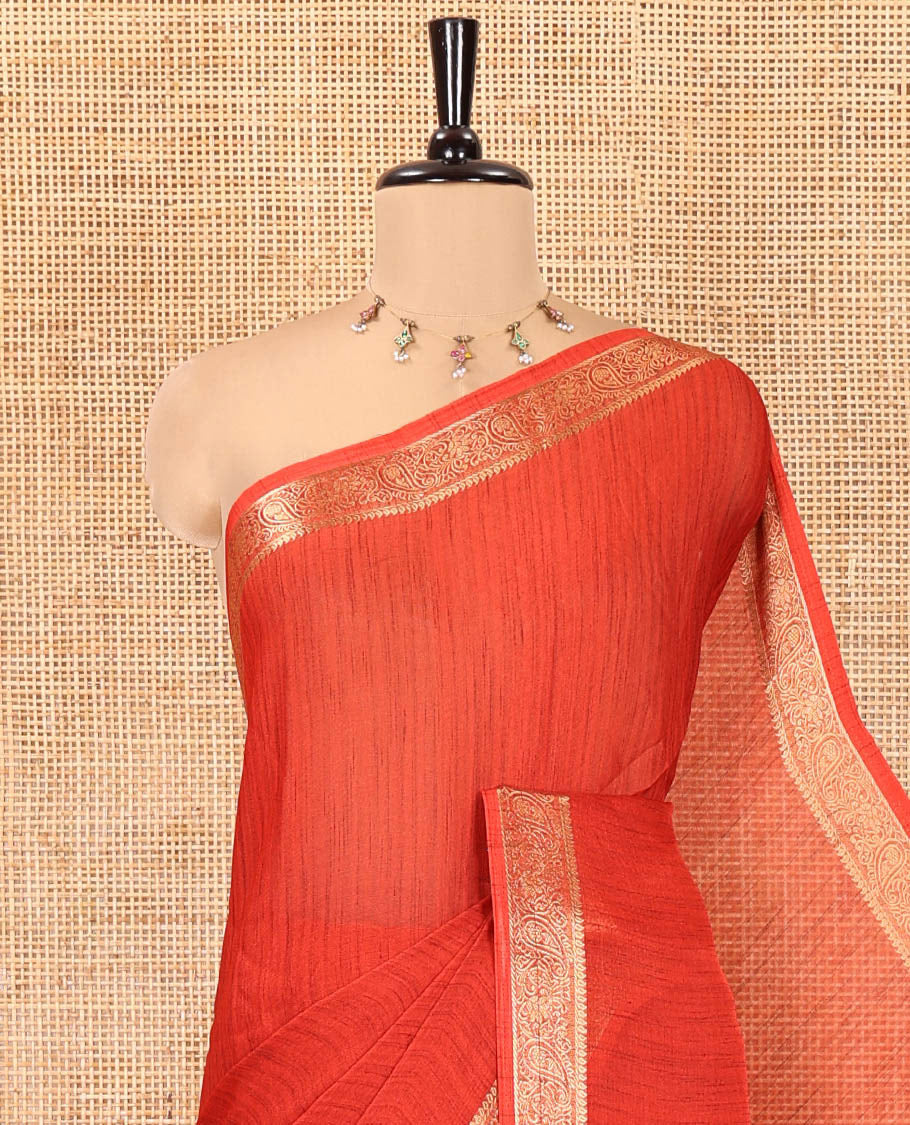 Red Plain Moss Chiffon Saree, Highlighted by a Zari Border of Paisley Designs, a Self-Pallu, and Has No Blouse - Image 2