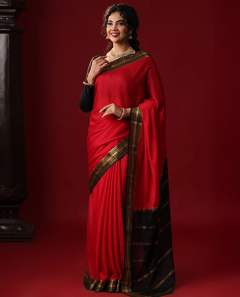 Red Plain Mysore Silk Saree, Complemented by Captivating Contrast Border of Traditional Zari Designs, Gleaming Pallu of Zari Stripes, and Paired with a Contrast Blouse - Image 4