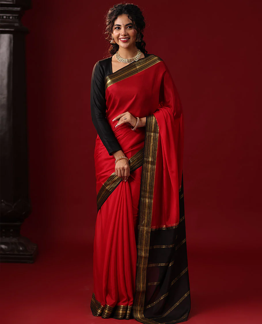 Red Plain Mysore Silk Saree, Complemented by Captivating Contrast Border of Traditional Zari Designs, Gleaming Pallu of Zari Stripes, and Paired with a Contrast Blouse - Image 5